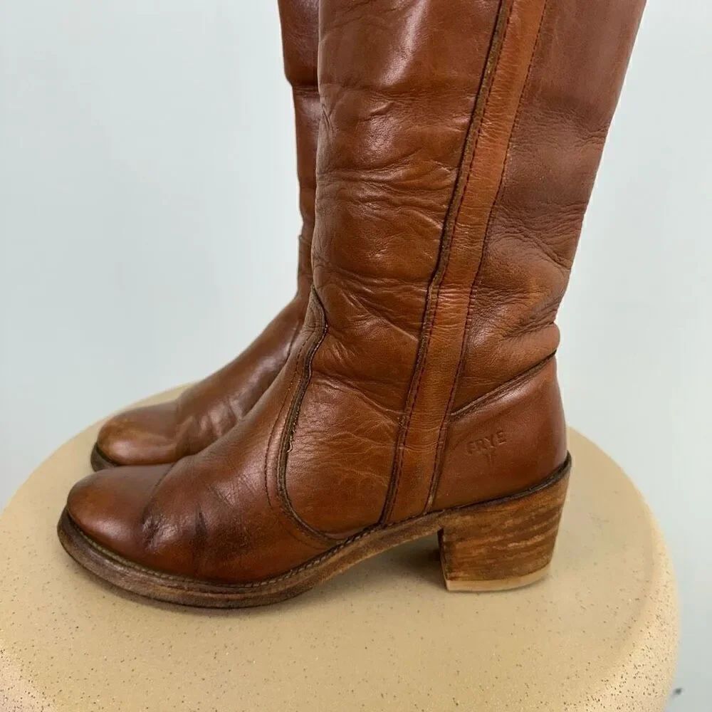 Frye Women’s Vintage 1970s Fold Cuff Knee Block Heel Cognac Leather Boot - Picture 10 of 14